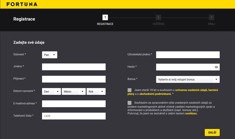 Registrační formulář ve Fortuně