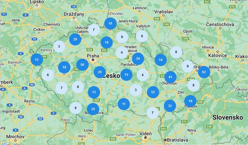 Mapa ČR s kamennými pobočkami Tipsport