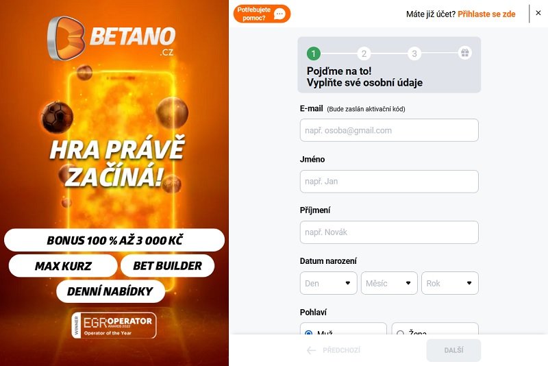 Registrační formulář Betano