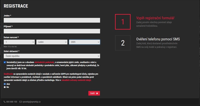 Synottip registrační formulář