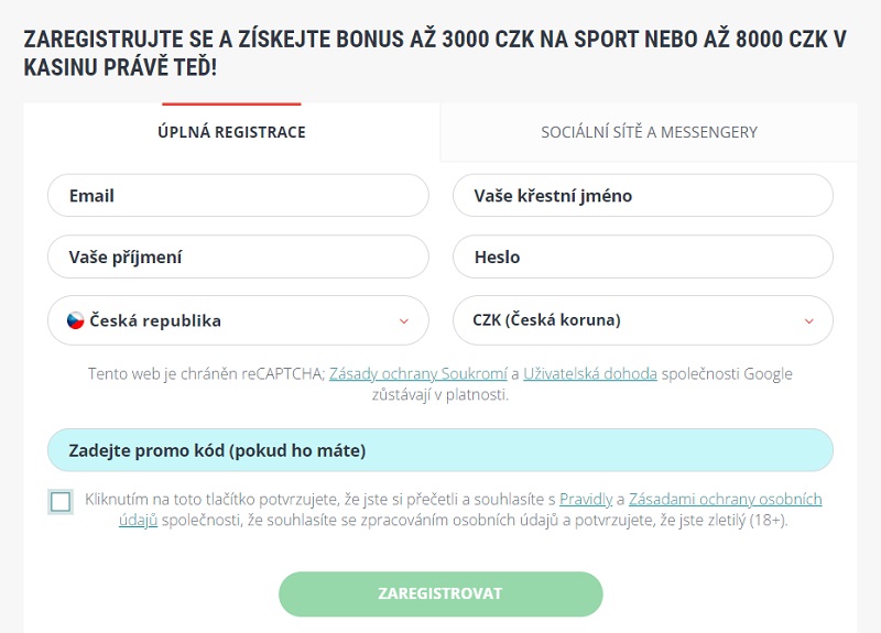 Registrační formulář u 22BET