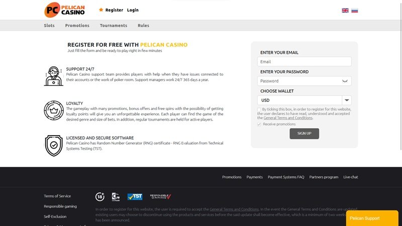 Pelican Casino registrační formulář