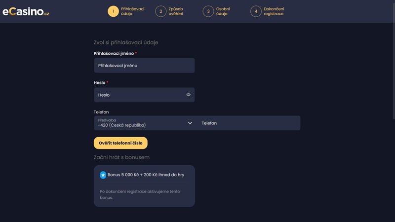 eCasino.cz registrační formulář