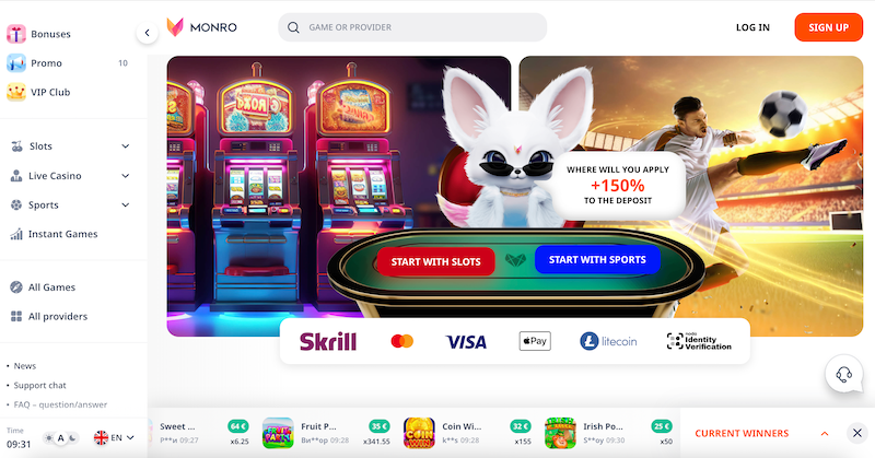 Startseite der Plattform Monro Casino