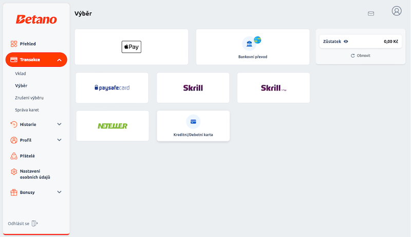 Betano nabízí na výběr několik platebních metod pro výběry