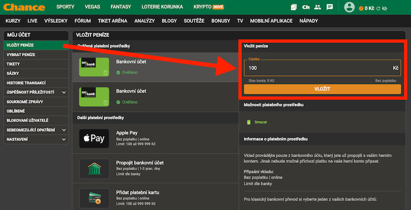 Chance nabízí několik platebních metod pro vklady