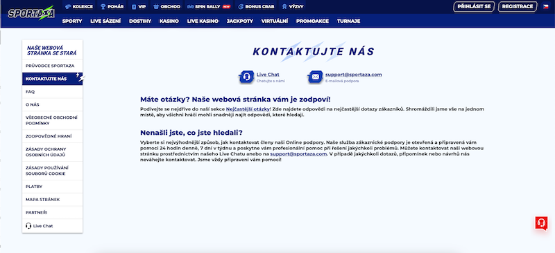 Podporu platformy Sportaza je možné kontaktovat pomocí live chatu nebo emailu