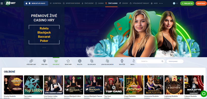 20BET live casino úvodní strana