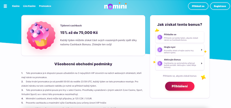 Týdenní cashback v casinu Nomini