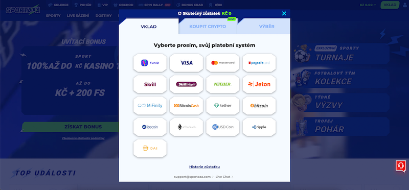 Sportaza vklad a výběr peněz