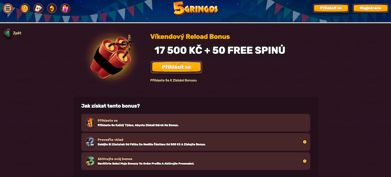 Víkendový reload bonus 17 500 Kč + 200 free spinů v casinu 5Gringos