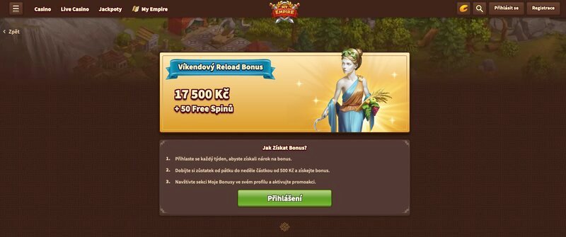 Víkendový reload bonus 17 500 Kč + 50 free spinů v casinu My Empire