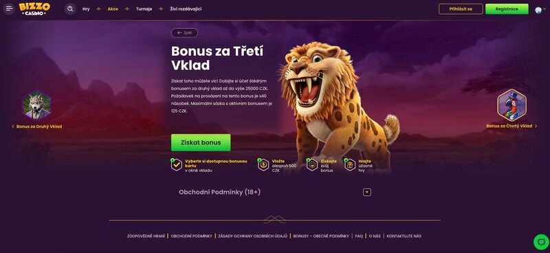 Bonus ke třetímu vkladu v casinu Bizzo Casino